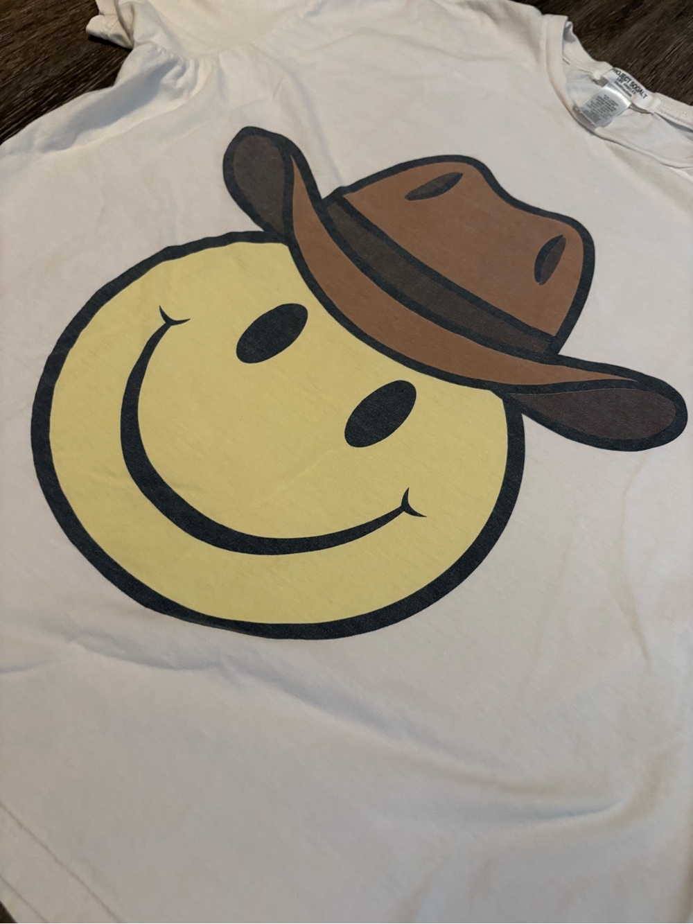 Project Social T Oversized White Tee with Yellow Smiley Wearing Cowboy Hat